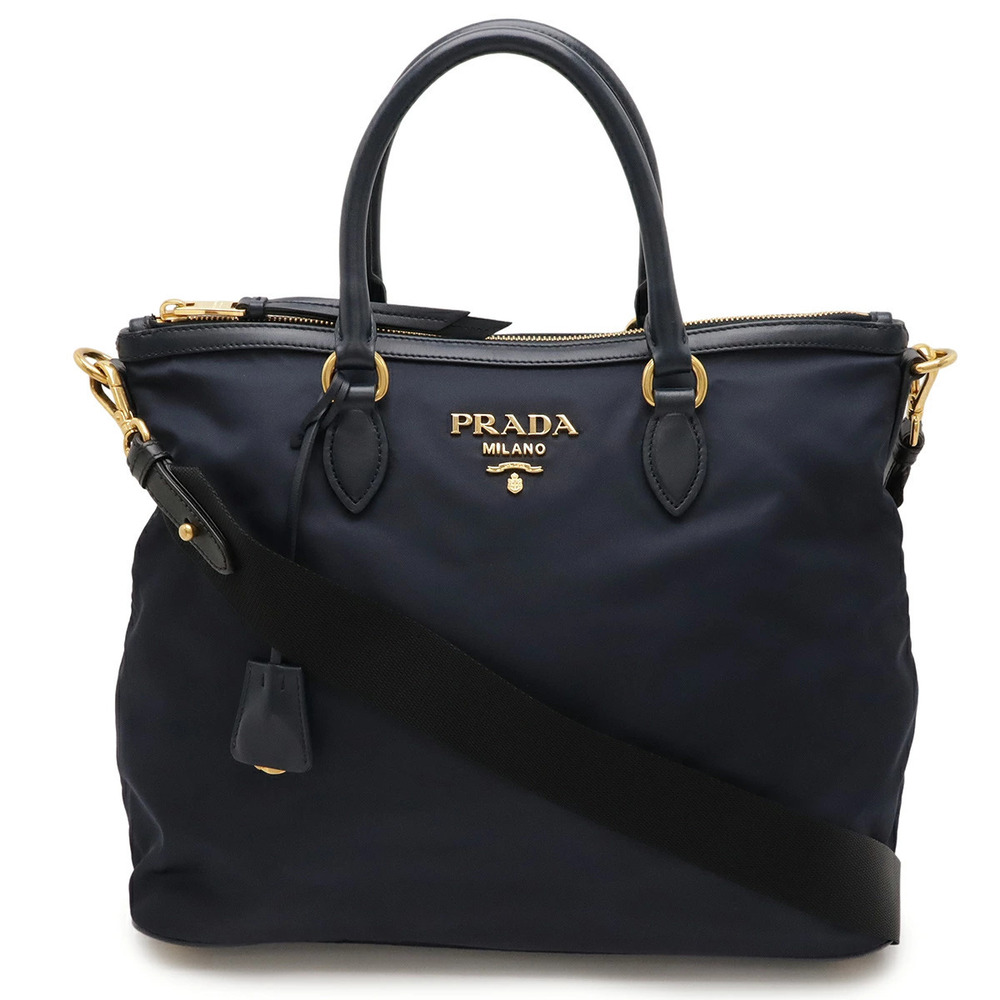 Prada Tote Tessuto Saffiano Bag Shoulder Handbag Leather Navy Blue
